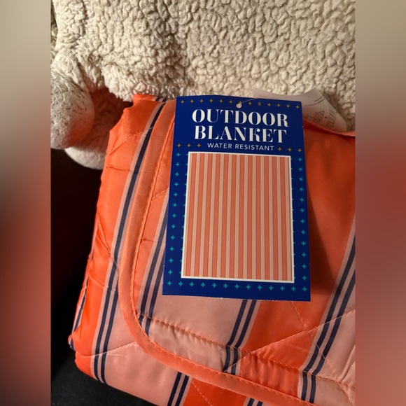 Striped Outdoor Blanket in Blue, white and Orange Water Resistant 100% poly. - Picture 3 of 4